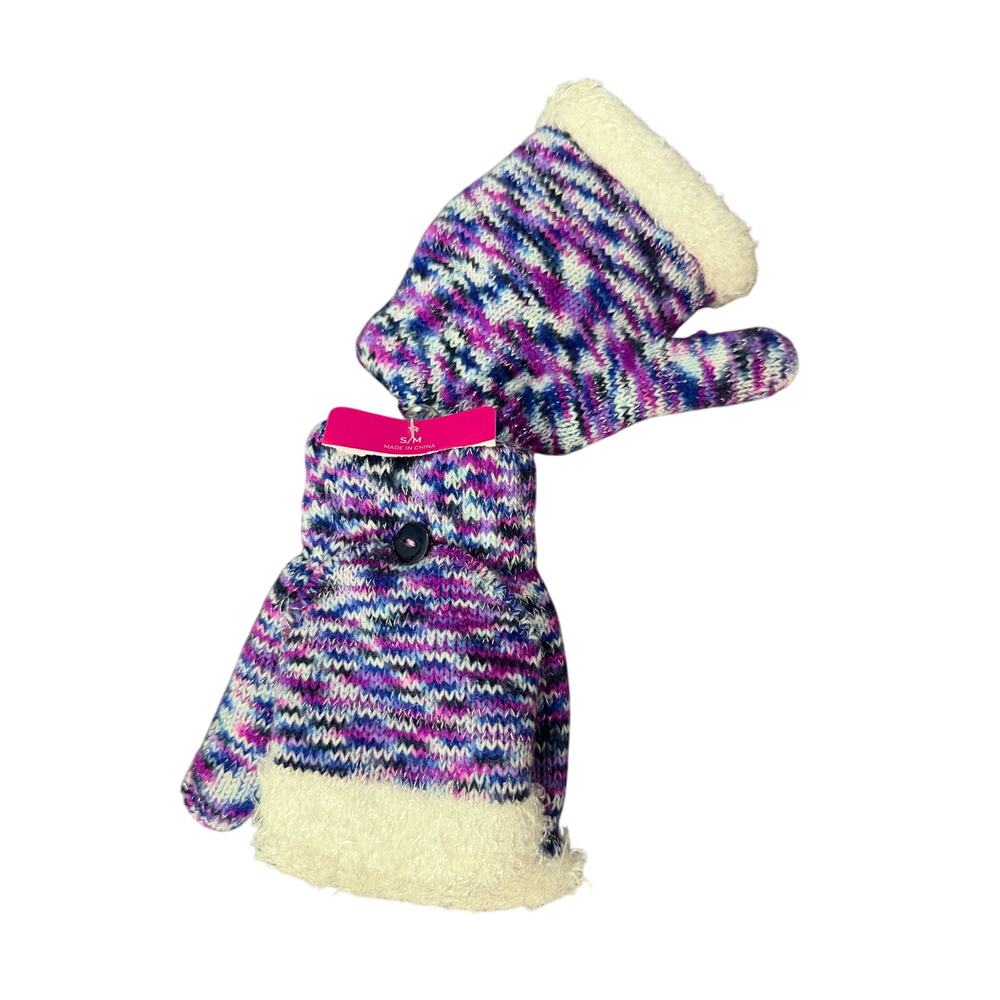 Winter Knit Mittens Girls S/M Purple Pink Lined Fingerless Fuzzy Cuffs